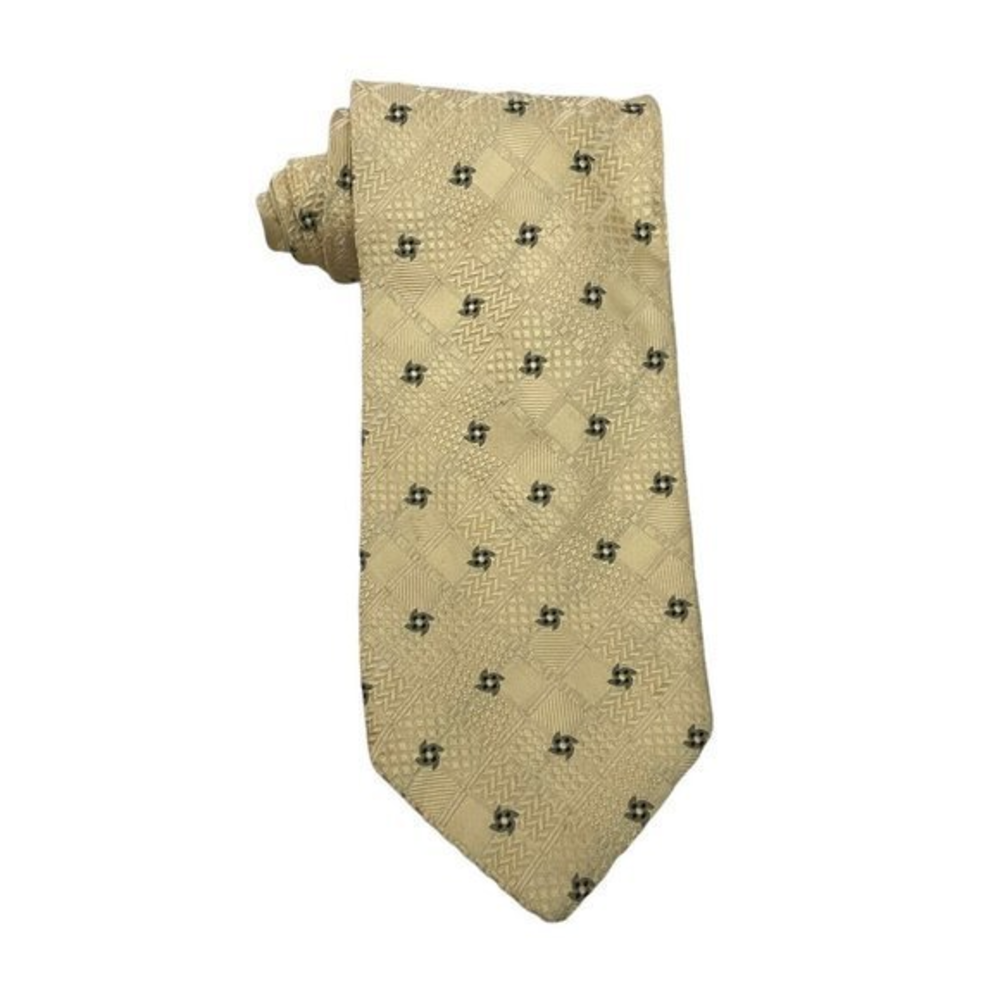 Canali Men's Light Yellow Plaid Pinwheels Jacquard Silk Tie Italy 3 7/8" 59" euc